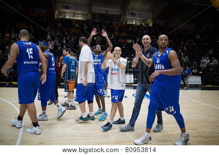 VALENCIA, SPAIN - JANUARY 21: Asesoft Ploiesti team during Eurocup match between Valencia Basket Club and CSU Asesoft at Fonteta Stadium on January 21, 2015 in Valencia, Spain