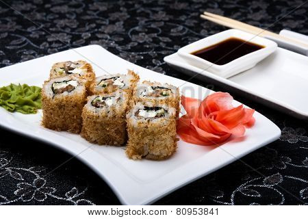 California Rolls Sushi With Pickled Ginger,vasabi And Soy Sauce