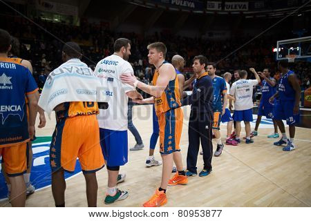 VALENCIA, SPAIN - JANUARY 21: All players during Eurocup match between Valencia Basket Club and CSU Asesoft at Fonteta Stadium on January 21, 2015 in Valencia, Spain