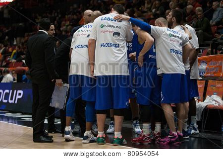 VALENCIA, SPAIN - JANUARY 21: Asesoft Ploiesti team during Eurocup match between Valencia Basket Club and CSU Asesoft at Fonteta Stadium on January 21, 2015 in Valencia, Spain
