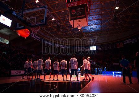 VALENCIA, SPAIN - JANUARY 21: Asesoft Ploiesti team during Eurocup match between Valencia Basket Club and CSU Asesoft at Fonteta Stadium on January 21, 2015 in Valencia, Spain