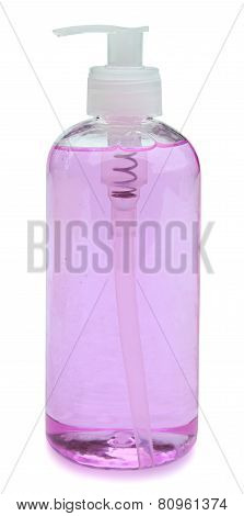 colored plastic bottles with liquid soap and shower gel.