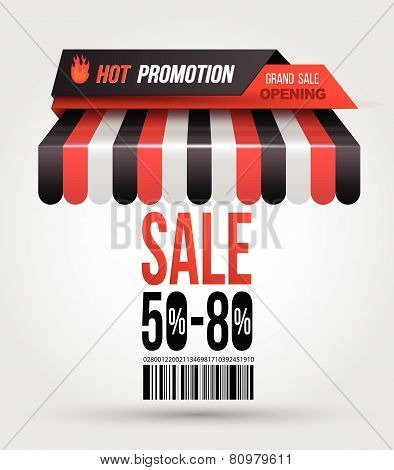 Hot promotion sale poster roof shop with "SALE 50-80" and bar code. Vector illustration.