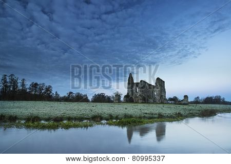 Beautiful Sunrise Landscape Of Priory Ruins In Countryside Location