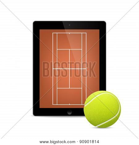 Black tablet with tennis ball and field on the screen.