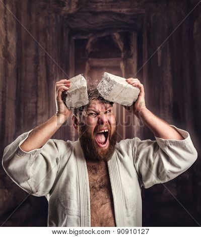 Strong karateka breaks a brick