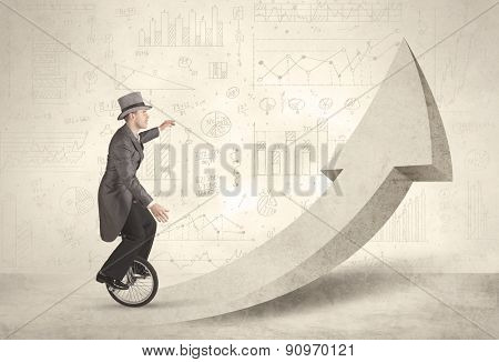 Happy business man riding a monocycle up on an arrow concept