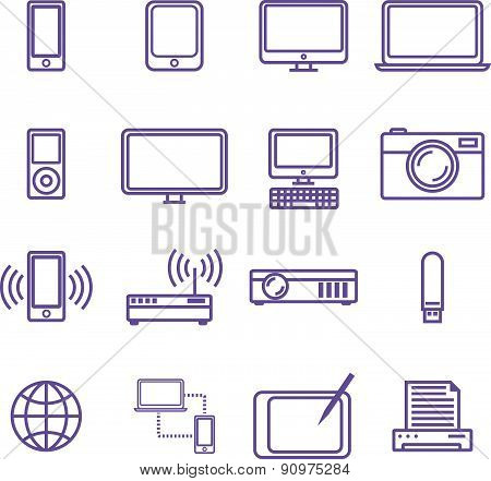 Gadgets and technology icons set, linear style. Vector illustration in simple line design.