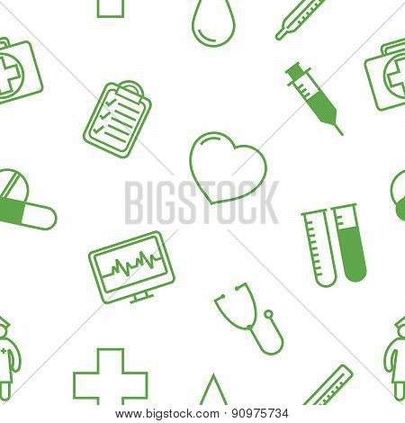 Medical icons seamless background pattern. Vector illustration in linear (flat) design.