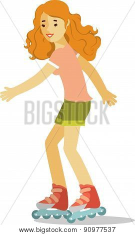 Smiling girl riding roller skates in flat style isolated on white background