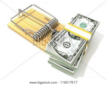 Stack of hundreds dollars like bait in wooden mousetrap. 3D
