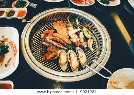 Food On Korean Bbq Grill, Meat And Vegetable