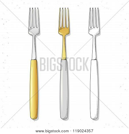 Set realistic sketch forks. Plugs to create design.  Cutlery handmade