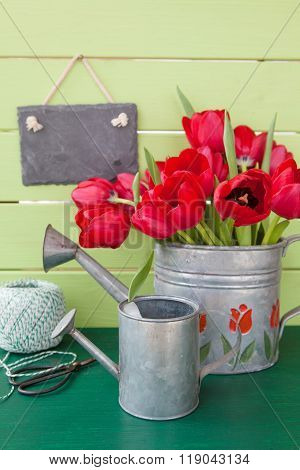 Red Tulips In Vintage Watering Can