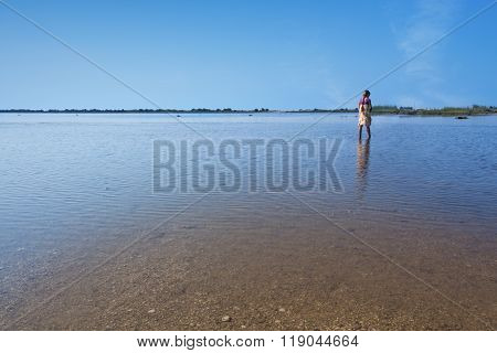 Lake Korission In Corfu - With A Little Girl Walking