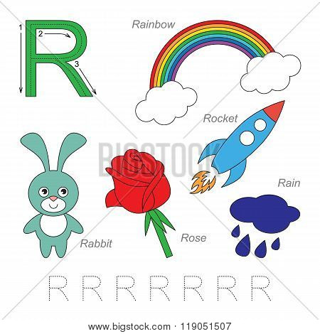 Tracing Worksheet for children. Full english alphabet from A to Z pictures for letter R the colorful version.