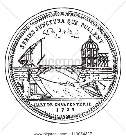Token of the guild of carpenters Paris, eighteenth century, vintage engraved illustration. Magasin Pittoresque 1880.