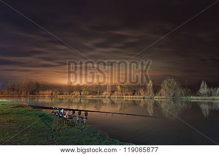 Night Fishing, Carp Rods, Cloudscape reflection on lake