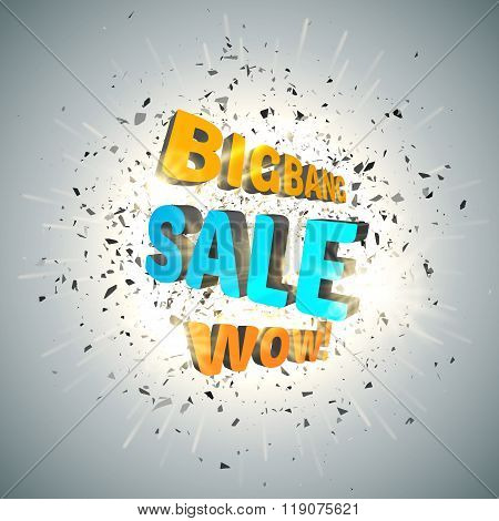 Sale Design Template Vector. Bigbang Sale Poster With Explosion Cloud Of Black Pieces. Wow.