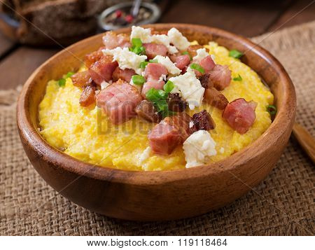 Banosh - Ukrainian Hutsul Meal (maize Porridge) With Bacon, Cracklings And Cheese