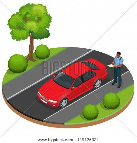 Policeman writing speeding ticket for a driver. Road traffic safety regulations. Police officer givi