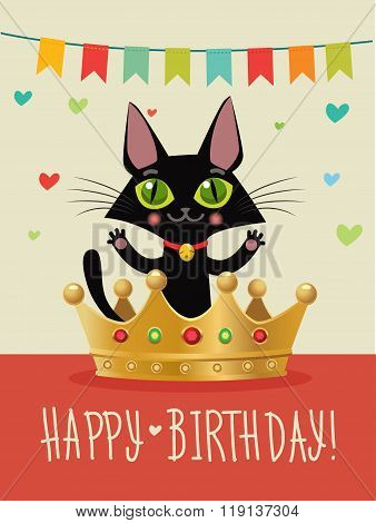 Happy Birthday To You. Happy Birthday Card With Funny Black Cat And Gold Crown. Wish And Humor. Greeting Card. Birthday Image. Funny Cat In The Gold Crown. Happy Birthday Cat Funny. Birthday Wishes.