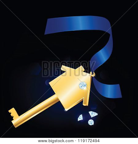 House Key With Diamonds And Blue Ribbon.