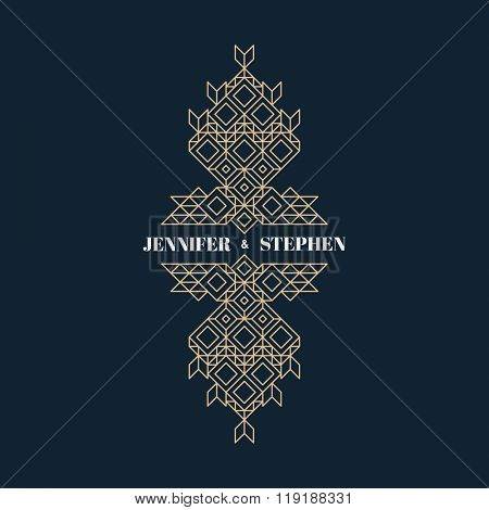 Line Art Design for Invitations, Posters, Badges. Linear Element. Geometric Style. Ornate Element for Design. Wedding Invitation. Elegant Luxury Design Template. Lineart Vector Illustration.
