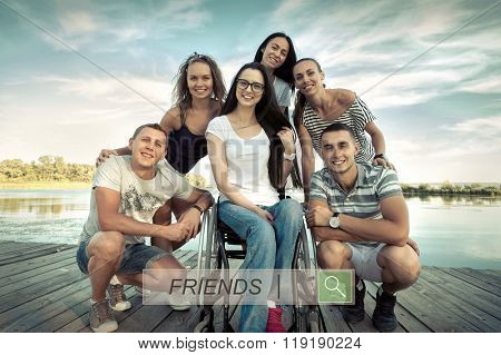 Happines group of Friedns on the wooden pier.