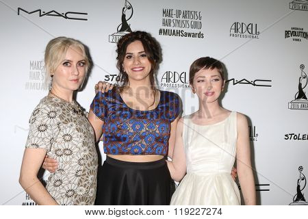 LOS ANGELES - FEB 20:  Aubrey Marie Lescault, Meghan Heaney, Bia Iftikhar at the Make-Up Artists And Hair Stylists Guild Awards at the Paramount Studios on February 20, 2016 in Los Angeles, CA