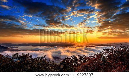 Seoraksan mountains is covered by morning fog and sunrise in Seoul Korea.