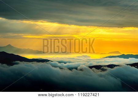 Seoraksan mountains is covered by morning fog and sunrise in Seoul Korea.