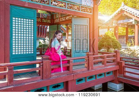 Woman With Hanbok In Gyeongbokgung,the Traditional Korean Dress.