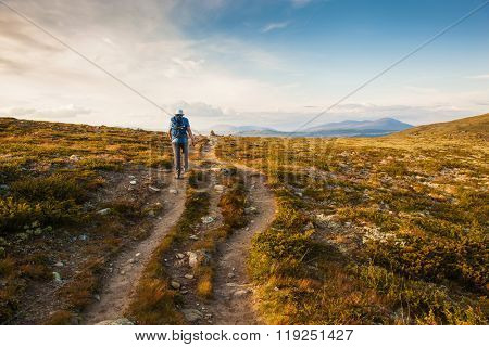 hiker with backpack traveling in Norway mountains Dovre