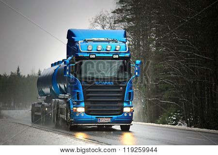 Blue Scania R500 Tank Truck Trucking In Fog And Rain