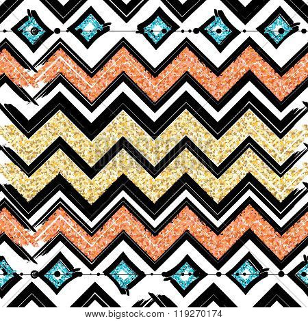Seamless patterns with blue black gold zigzag lines and points striped gift boxes and dots.