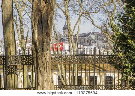 view of the Galata Tower from Gulhane Park in Istanbul