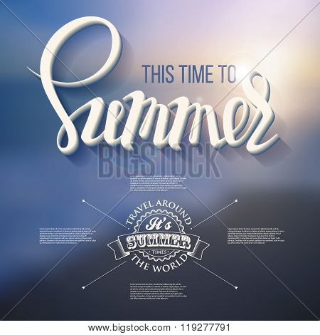 Hello summer poster inscription on a background seascape picture.