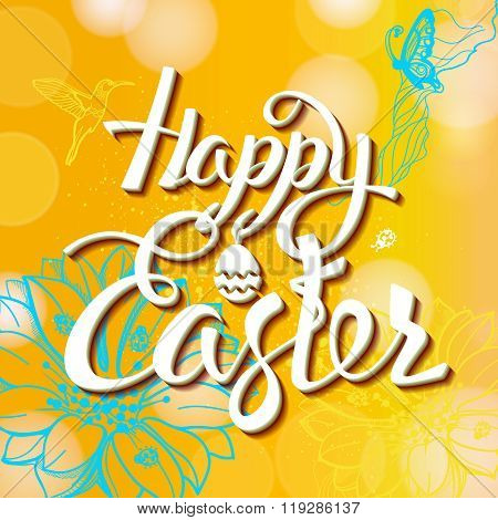 Happy Easter sign symbol logo on a yellow background with the flowers.