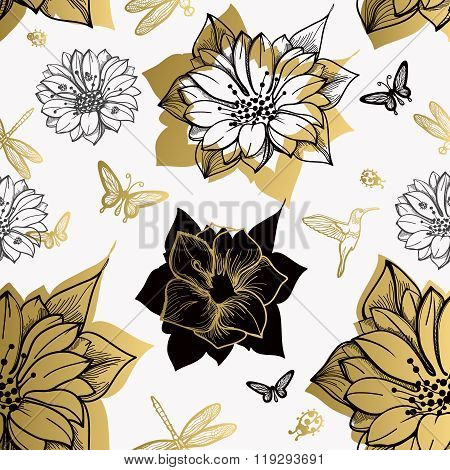 Seamless pattern flowers butterflies black background.