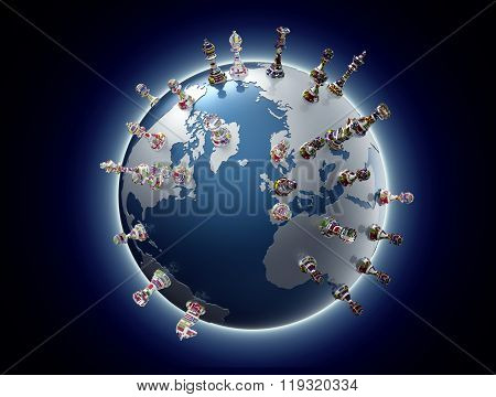 Symbol Of Geopolitics The World Globe With Chess Pieces