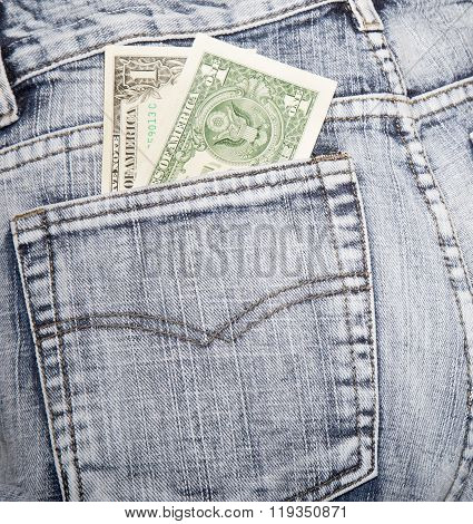 Money, Two Notes On One Dollar, In A Hip-pocket Of Blue Jeans