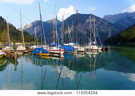 Plansee lake at the Seespitz Camping in the Alps mountain Austria.