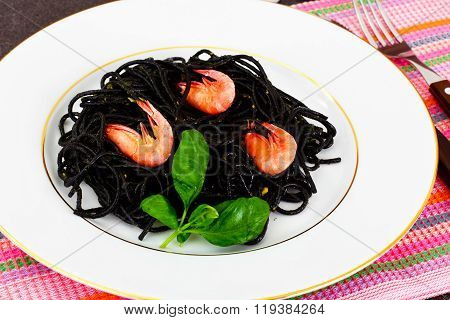 Black Spaghetti with Cuttlefish Ink, Prawns and Basil. Mediterra