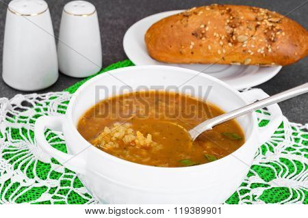 Healthy and diet food: soup with rice and vegetables, curry, chi
