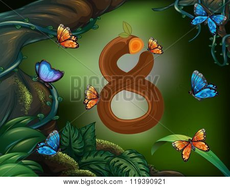Number eight with 8 butterflies in the garden illustration