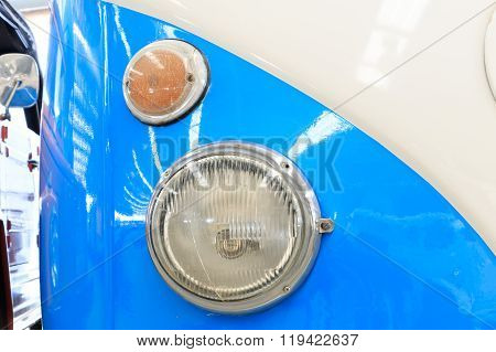 Close Up Of Headlight Lamp Vintage Classic Car. (vintage Effect Style)