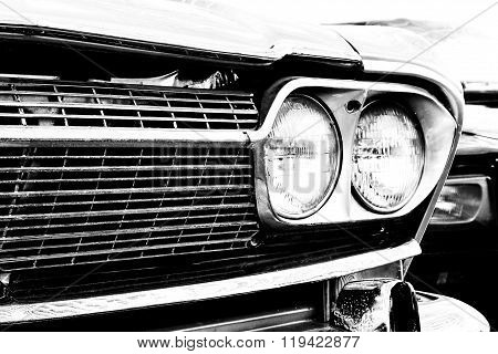Close Up Of Headlight Lamp Vintage Classic Car. (vintage Effect Style)