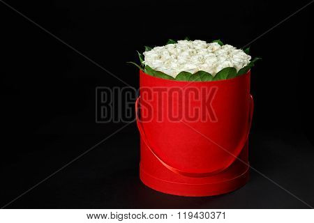 White Roses In A Round Red Gift Box On Black Background, Studio Shooting,spring Is Coming,march 8