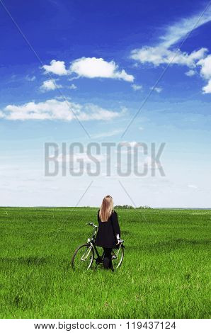 Happy Young Woman With A Vintage Bicycle On A Green Meadow. Youn